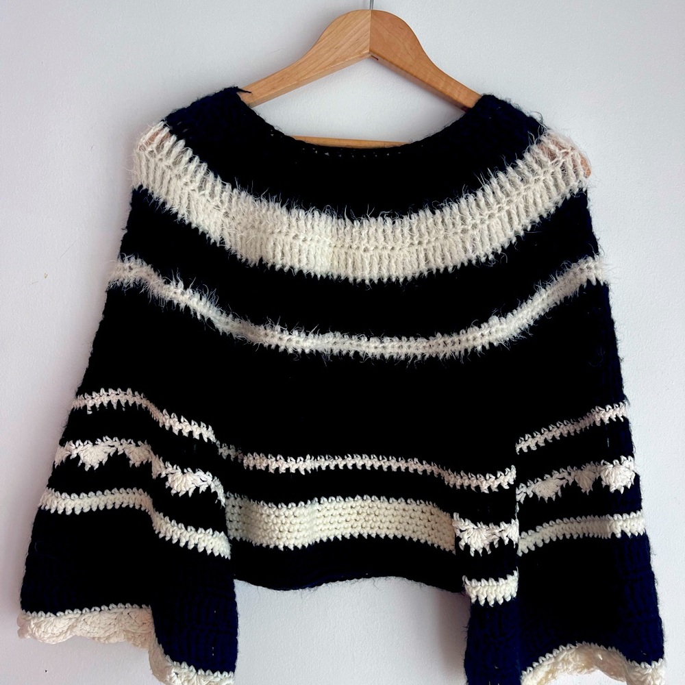 Top long sleeve crochet black white handmade sweater unique boho chic poncho